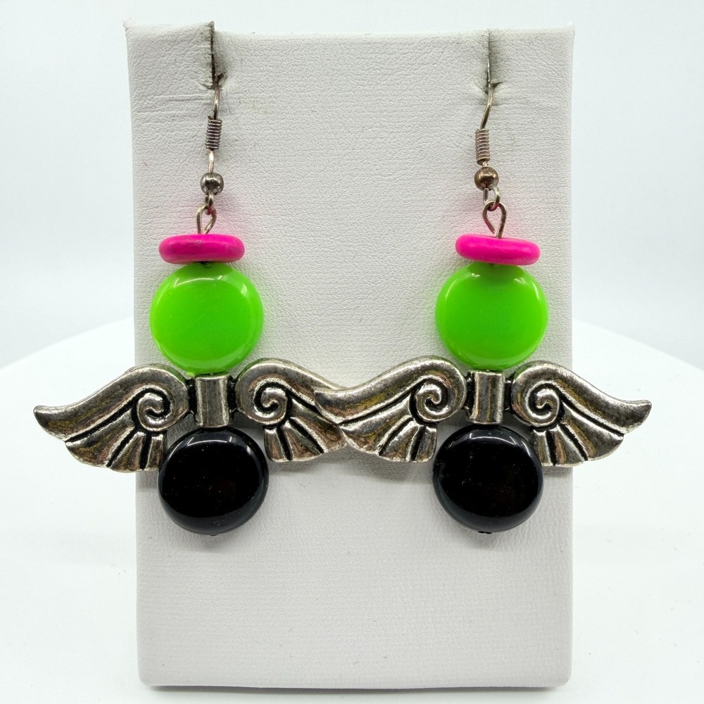 90s Neon Pink Green Angel Wing Dangle Earrings Silver Tone Avant Garde